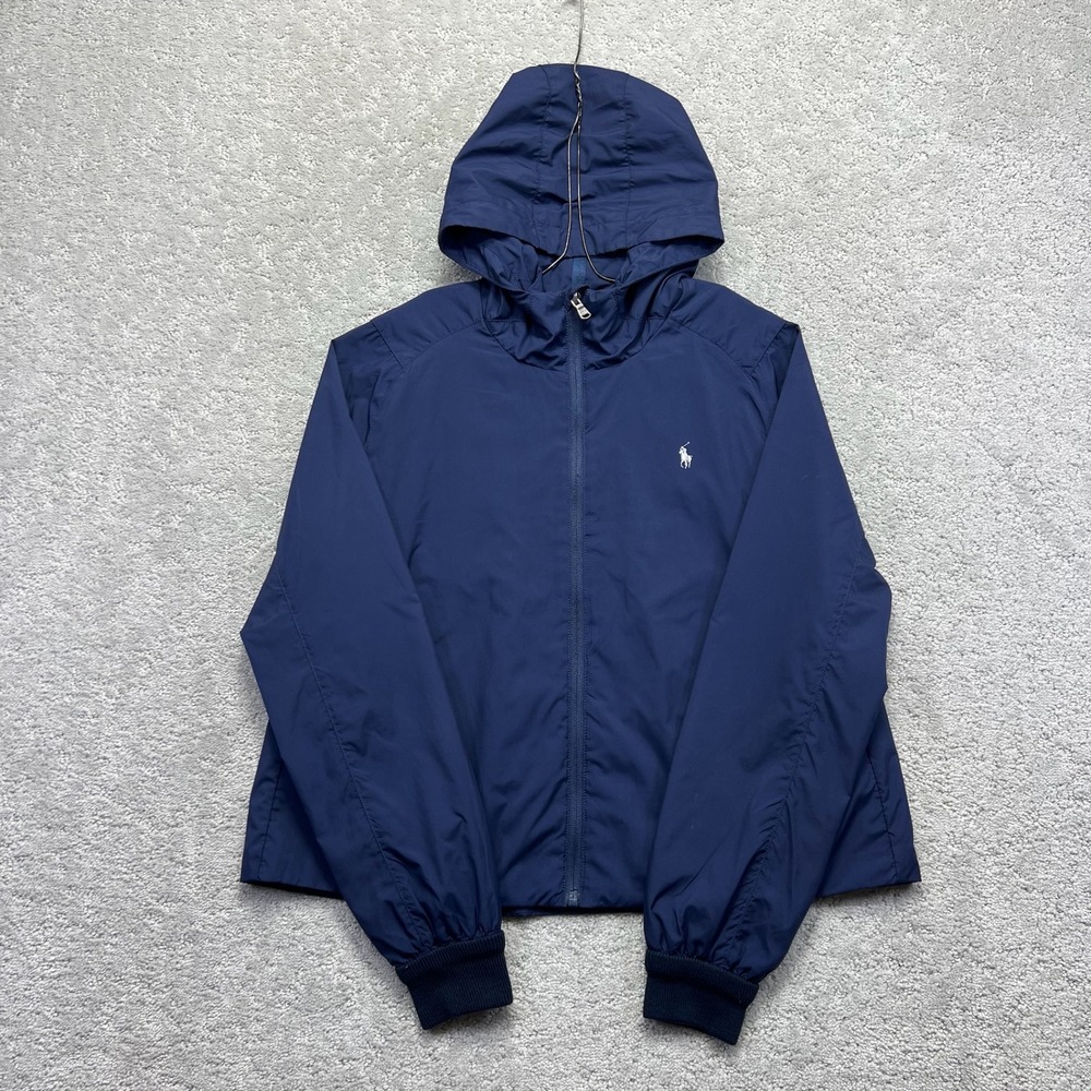 Polo Ralph Lauren Jacket Girls Size 16‎ Navy Blue Hooded Windbreaker Ribbed Cuff